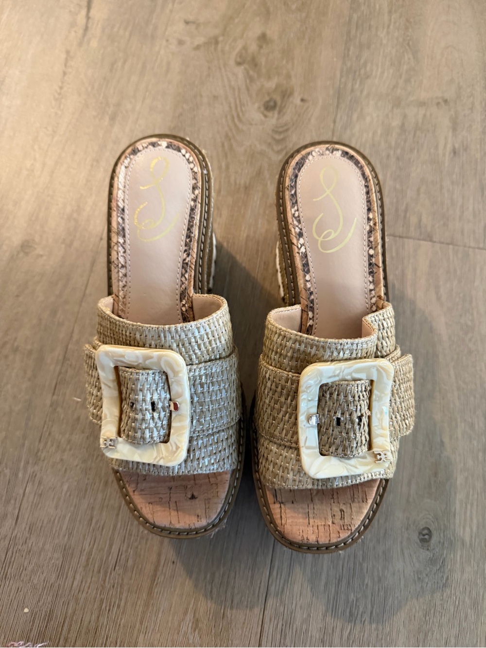Sam Edelman Beige Woven Buckle Slide Mules